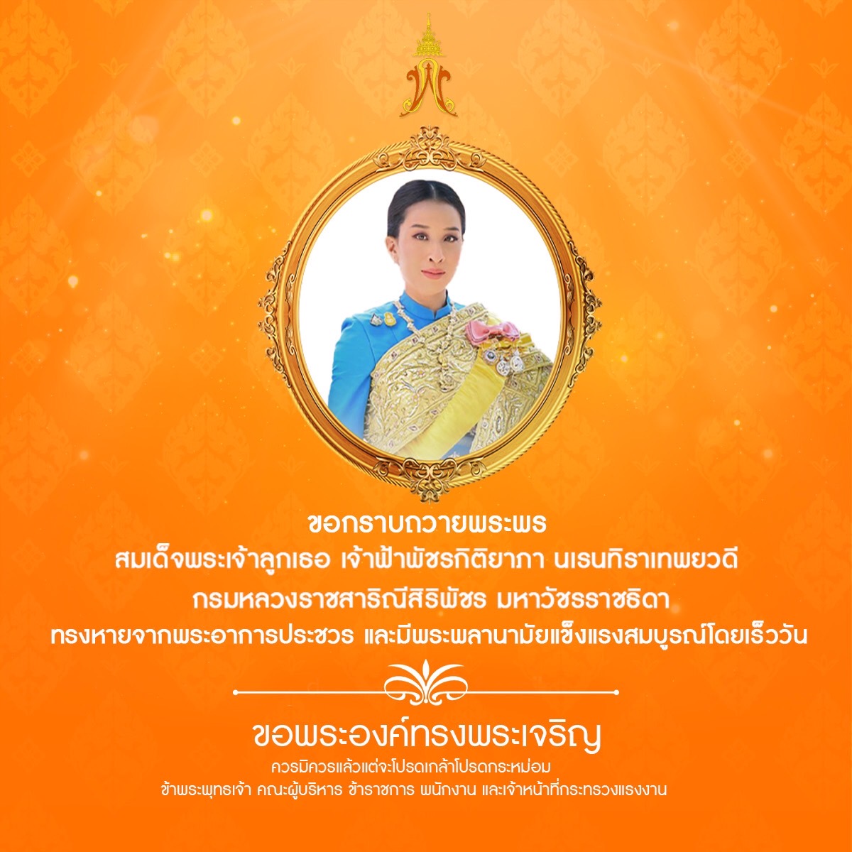 สำนักงานปลัดกระทรวงแรงงานได้จัดทำคำถวายพระพรสมเด็จพระเจ้าลูกเธอ เจ้าฟ้าพัชรกิติยาภา นเรนทิราเทพยวดีกรมหลวงราชสาริณีสิริพัชรมหาวัชรราชธิดา ทรงหายจากพระอาการประชวรและมีพระพลานามัยแข็งแรง